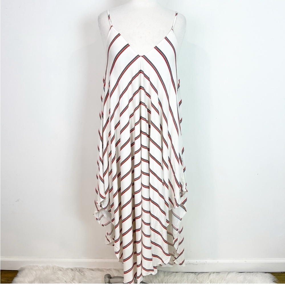 ANAMA OFF-WHITE RED NAVY STRIPE SLEEVELESS V-NECK DRAPEY DRESS WOMENS SMALL NWT